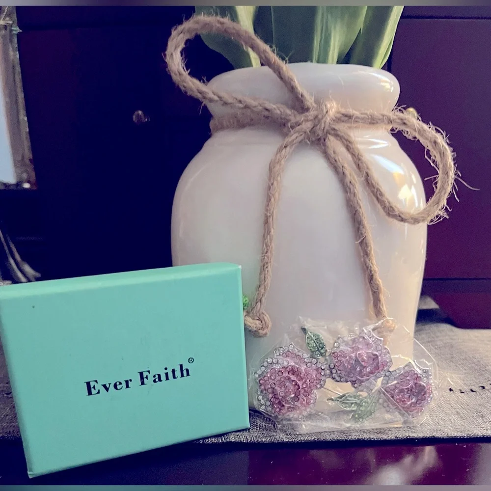 EVER FAITH Austrian Crystal NIB Enamel Romantic Blooming Rose Flower Leaves. - Picture 5 of 7